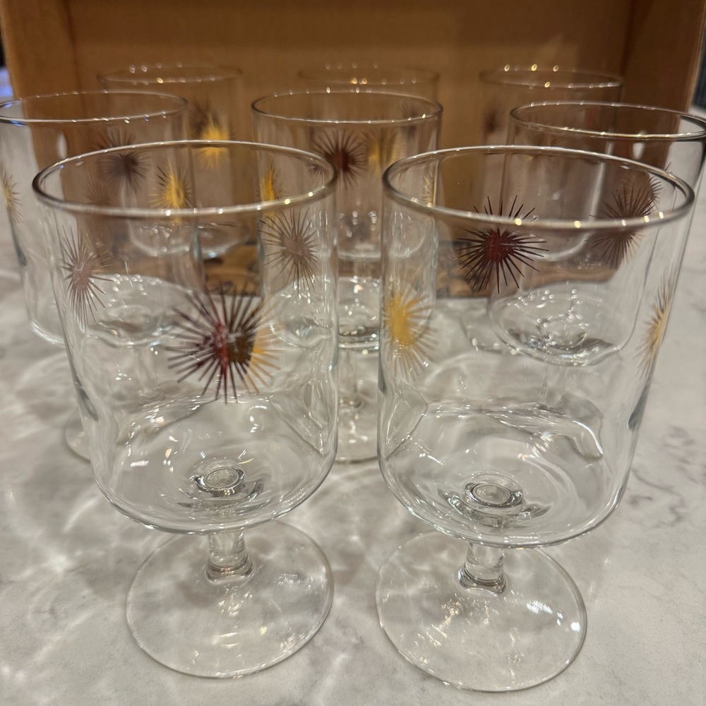 Vintage Atomic Starburst Pedestal Cocktail Glasses Set of 8 Mid Century Barware